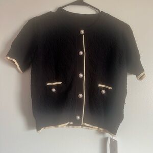 Elegant Black Short-Sleeve Knit Cardigan with Gold Contrast Trim NWT